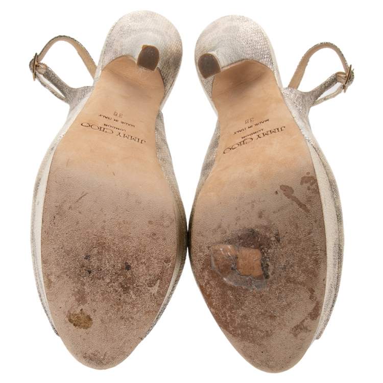 Pre Owned Jimmy Choo Metallic Gold Embossed Leather Vita Peep Toe Platform Slingback Sandals Size 38
