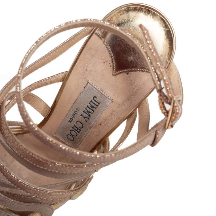 مملوكة مسبقًا Jimmy Choo Gold Suede, Leather, and Glitter Dart Strappy Sandals Size 37