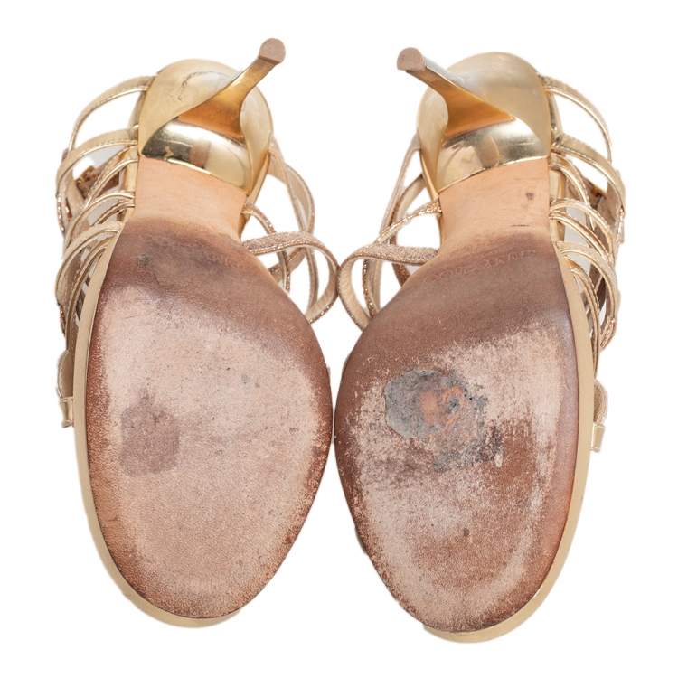 مملوكة مسبقًا Jimmy Choo Gold Suede, Leather, and Glitter Dart Strappy Sandals Size 37