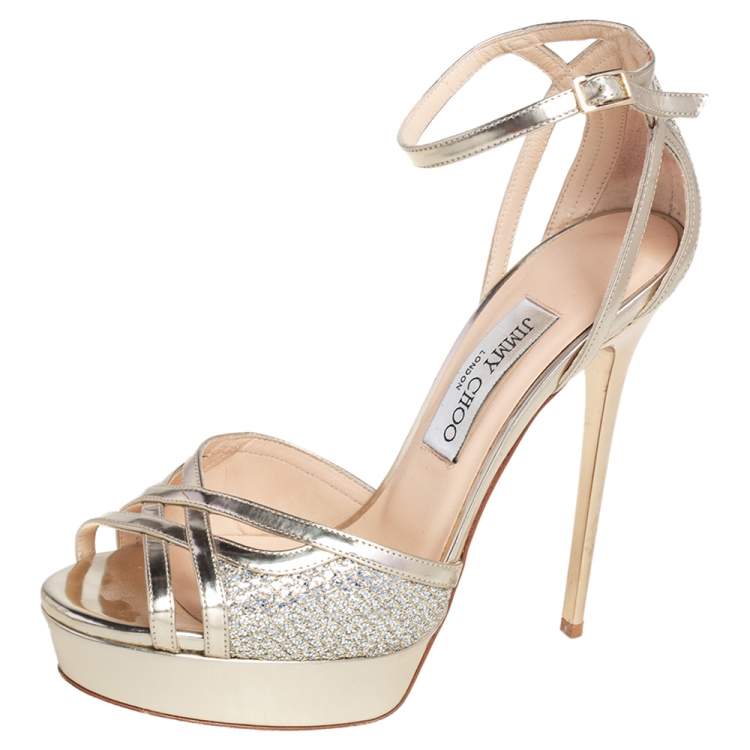 Jimmy Choo Metallic Gold Leather And Glitter Laurita Platform Ankle Strap Sandals Size 39 Jimmy