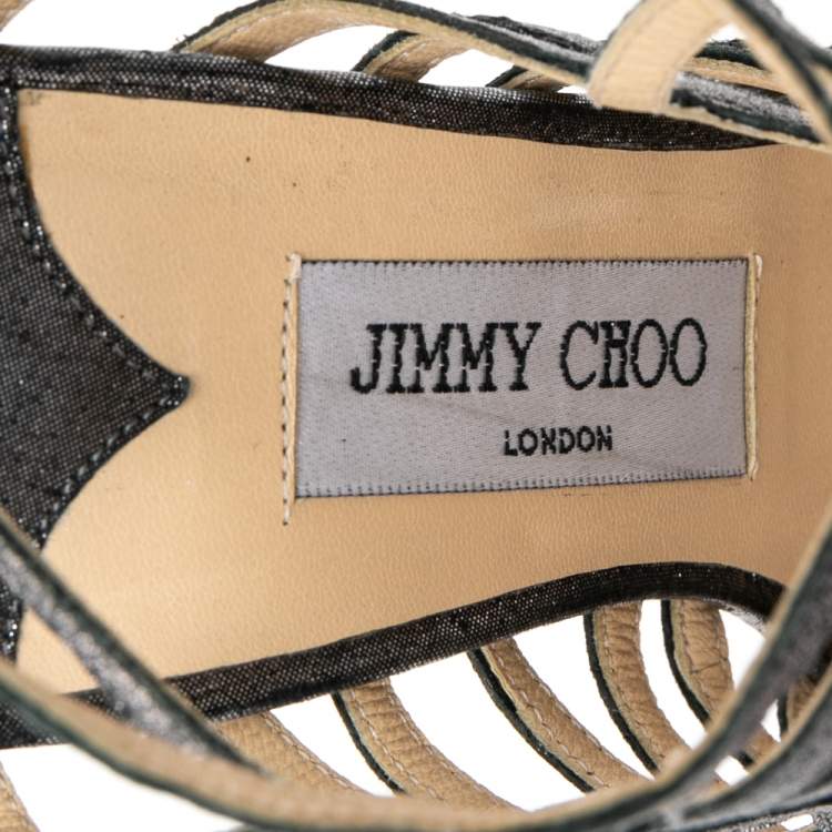 Pre Owned Jimmy Choo Metallic Black Leather Caged Gladiator Sandals Size 38.5