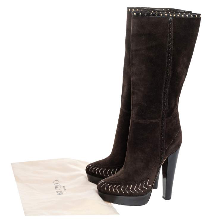 Pre Owned Jimmy Choo Brown Suede Studded Wide Calf Length Platform Boots Size 37