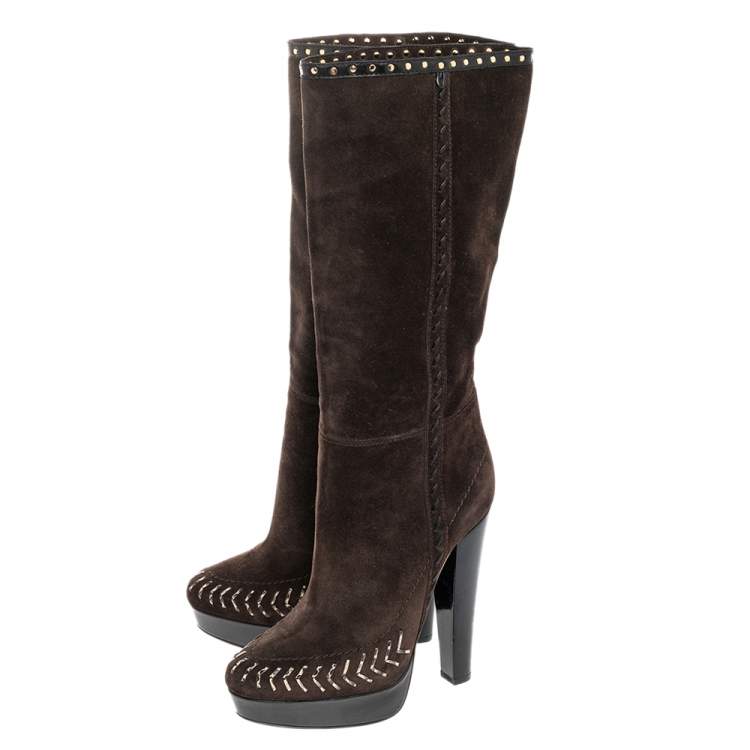 Pre Owned Jimmy Choo Brown Suede Studded Wide Calf Length Platform Boots Size 37