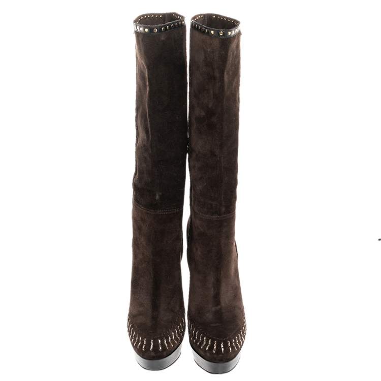 Pre Owned Jimmy Choo Brown Suede Studded Wide Calf Length Platform Boots Size 37