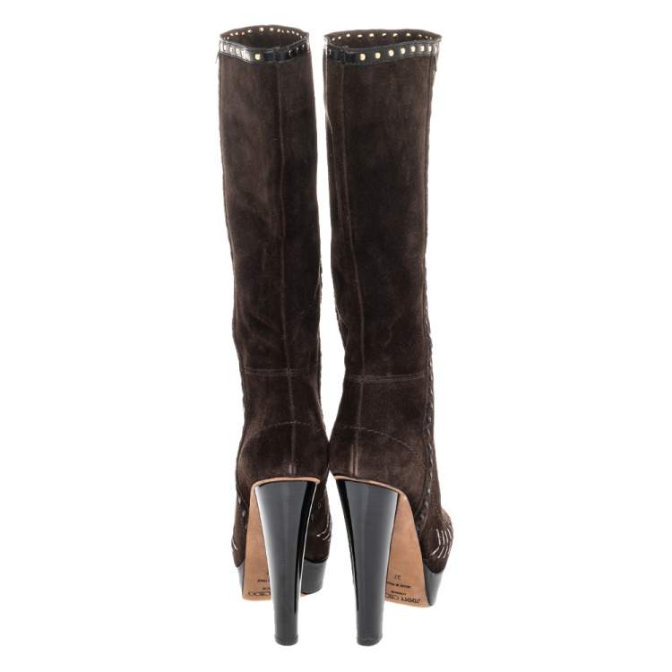 Pre Owned Jimmy Choo Brown Suede Studded Wide Calf Length Platform Boots Size 37