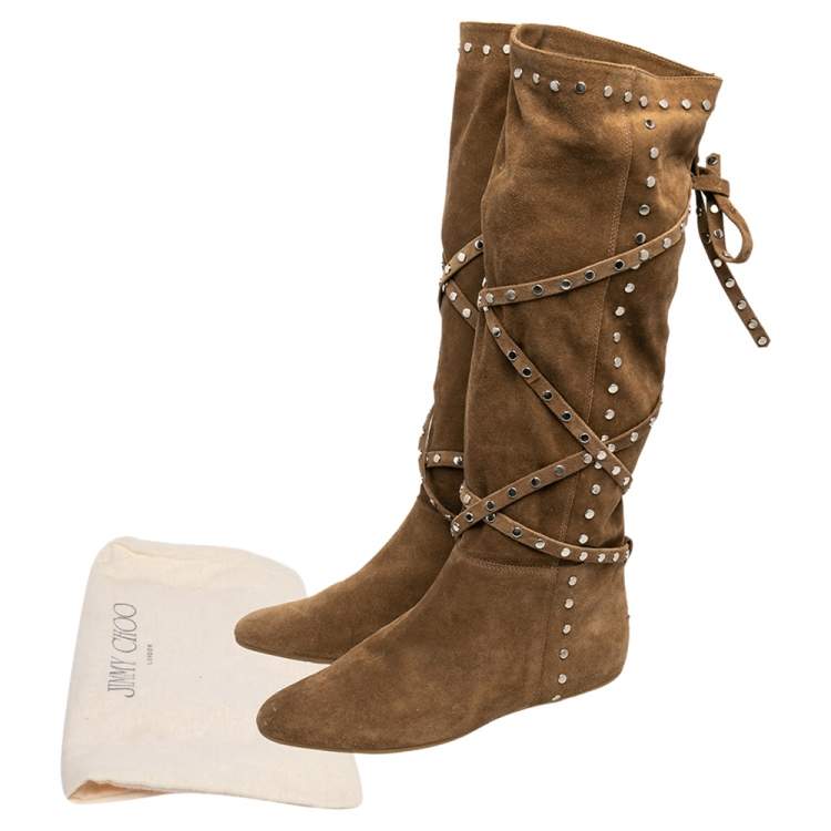 مملوكة مسبقًا Jimmy Choo Beige Suede Embellished Knee Length Boots Size 37.5