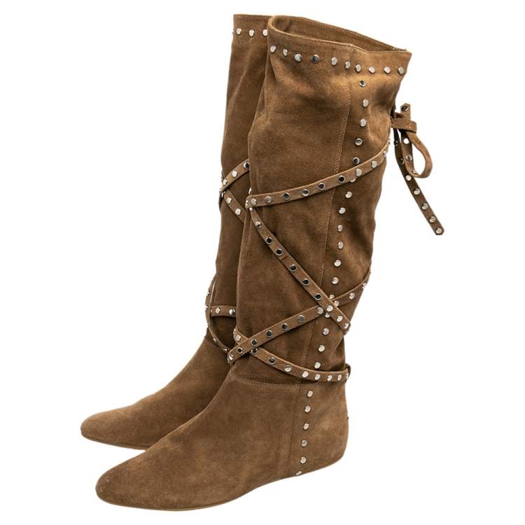 مملوكة مسبقًا Jimmy Choo Beige Suede Embellished Knee Length Boots Size 37.5
