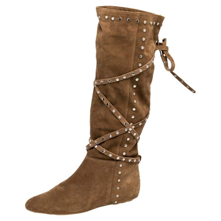 مملوكة مسبقًا Jimmy Choo Beige Suede Embellished Knee Length Boots Size 37.5