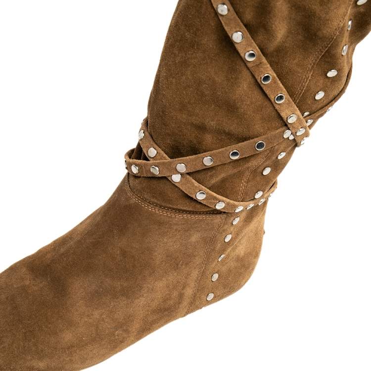 مملوكة مسبقًا Jimmy Choo Beige Suede Embellished Knee Length Boots Size 37.5