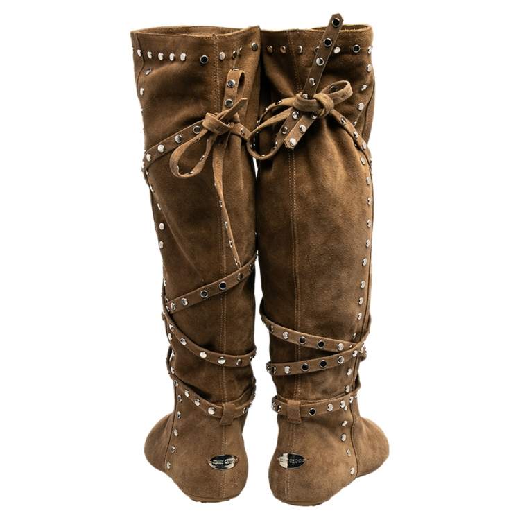 مملوكة مسبقًا Jimmy Choo Beige Suede Embellished Knee Length Boots Size 37.5
