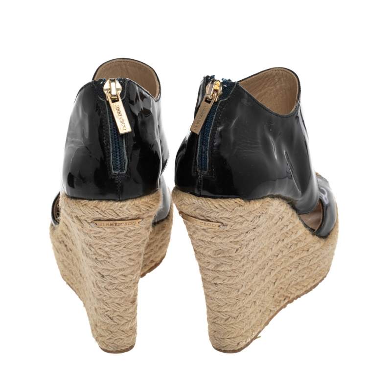 Pre Owned Jimmy Choo Dark Brown Patent Leather Patriot Wedge Platform Espadrilles Size 38