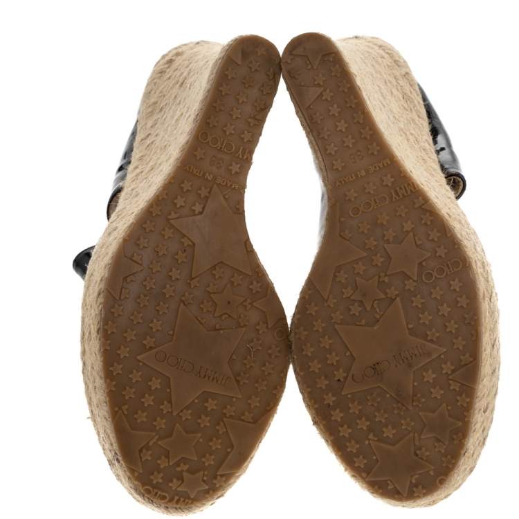 Pre Owned Jimmy Choo Dark Brown Patent Leather Patriot Wedge Platform Espadrilles Size 38