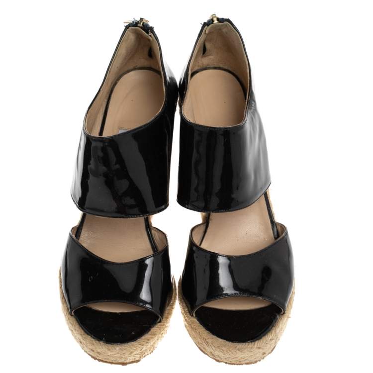 Pre Owned Jimmy Choo Dark Brown Patent Leather Patriot Wedge Platform Espadrilles Size 38