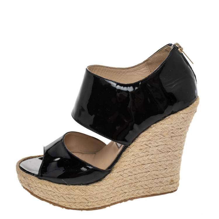 Pre Owned Jimmy Choo Dark Brown Patent Leather Patriot Wedge Platform Espadrilles Size 38