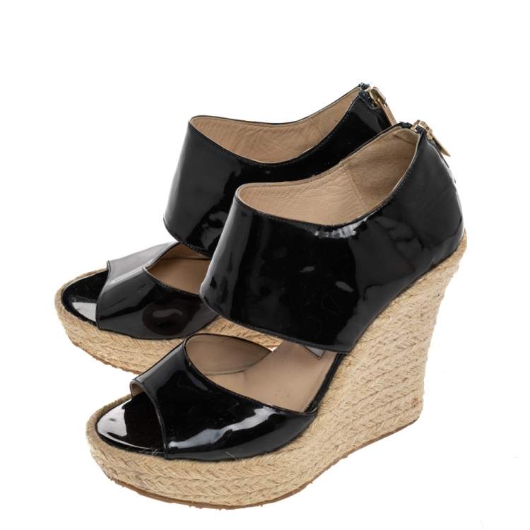 Pre Owned Jimmy Choo Dark Brown Patent Leather Patriot Wedge Platform Espadrilles Size 38