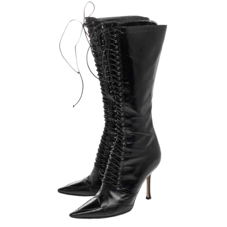 Pre Owned Jimmy Choo Black Leather Lace Up Knee Length Boots Size 37.5