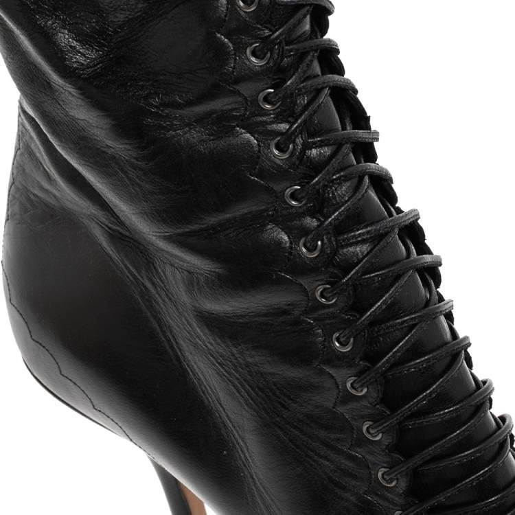 Pre Owned Jimmy Choo Black Leather Lace Up Knee Length Boots Size 37.5