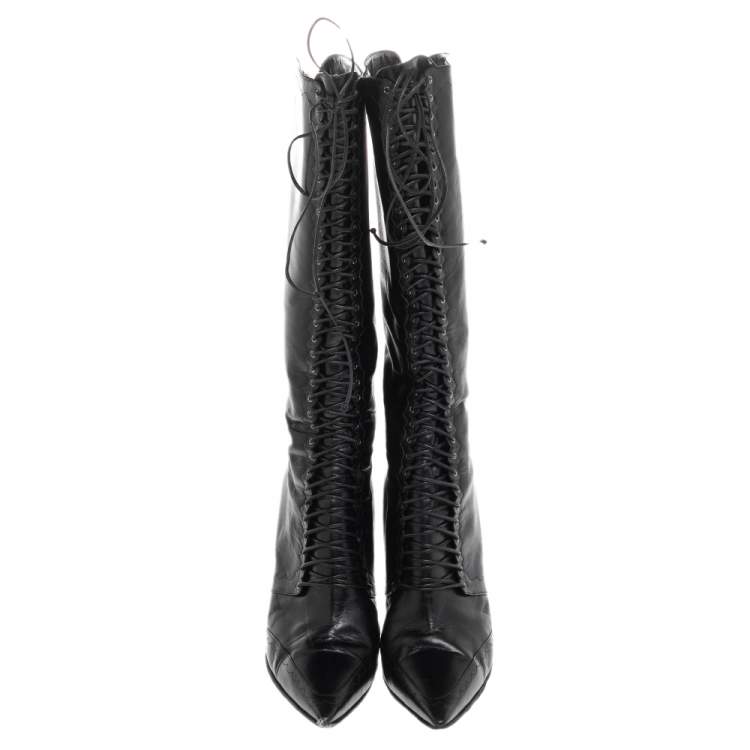 Pre Owned Jimmy Choo Black Leather Lace Up Knee Length Boots Size 37.5