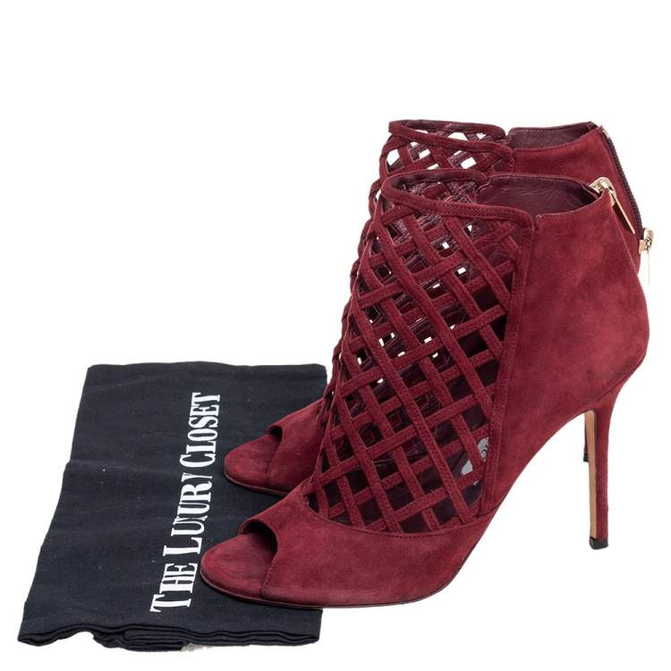 Pre Owned Jimmy Choo Burgundy Suede Drift Cutout Peep Toe Booties Size 39