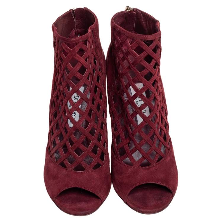Pre Owned Jimmy Choo Burgundy Suede Drift Cutout Peep Toe Booties Size 39