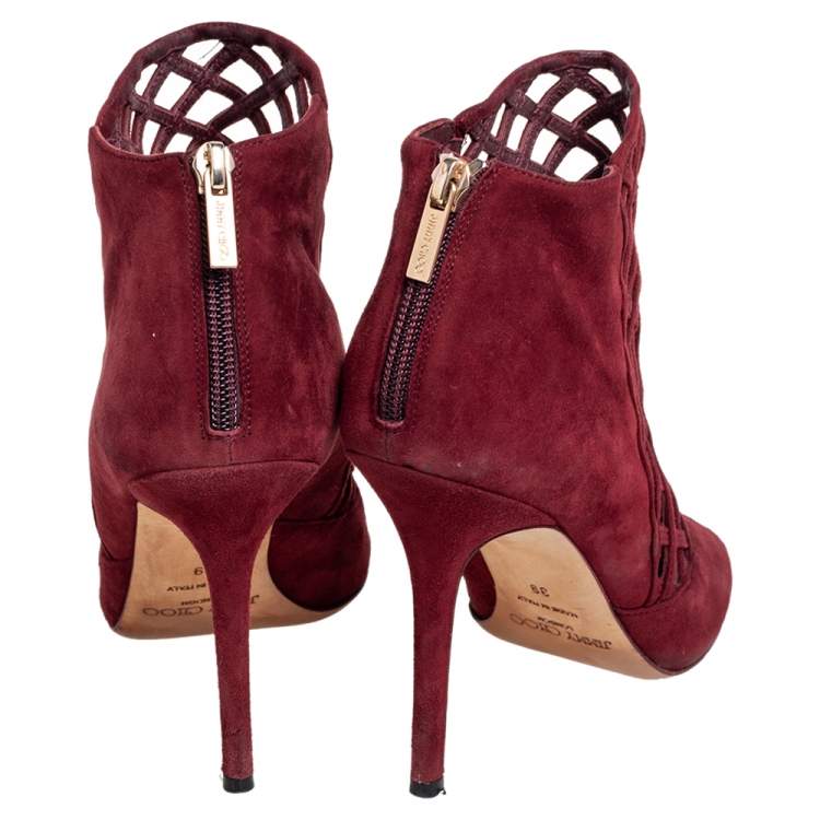 Pre Owned Jimmy Choo Burgundy Suede Drift Cutout Peep Toe Booties Size 39