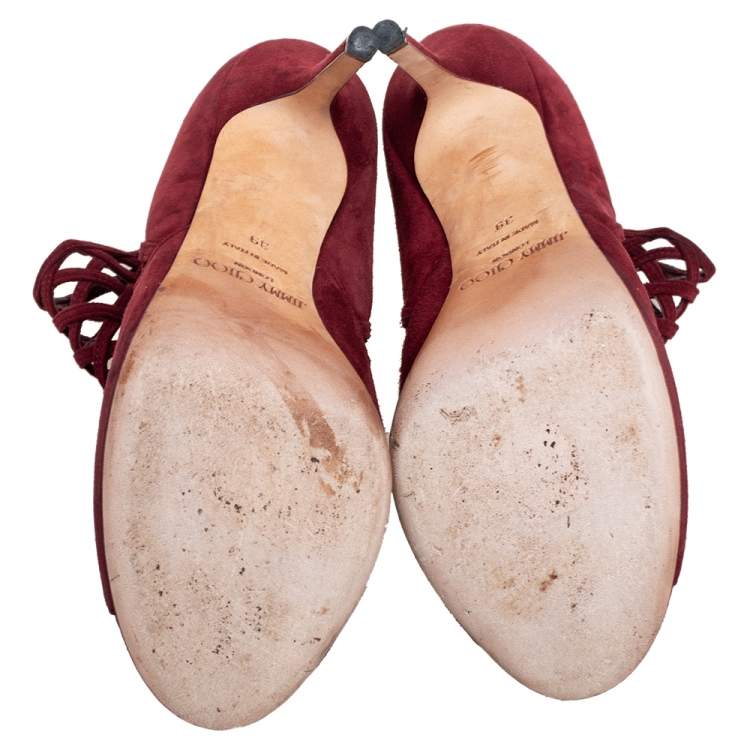 Pre Owned Jimmy Choo Burgundy Suede Drift Cutout Peep Toe Booties Size 39