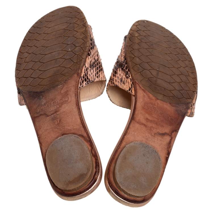Pre Owned Jimmy Choo Rose Gold Snakeskin Nanda Flat Slides Size 37