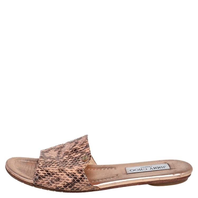 Pre Owned Jimmy Choo Rose Gold Snakeskin Nanda Flat Slides Size 37