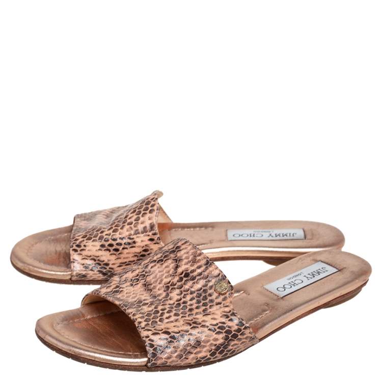 Pre Owned Jimmy Choo Rose Gold Snakeskin Nanda Flat Slides Size 37
