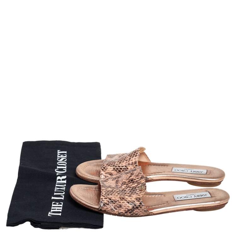 Pre Owned Jimmy Choo Rose Gold Snakeskin Nanda Flat Slides Size 37