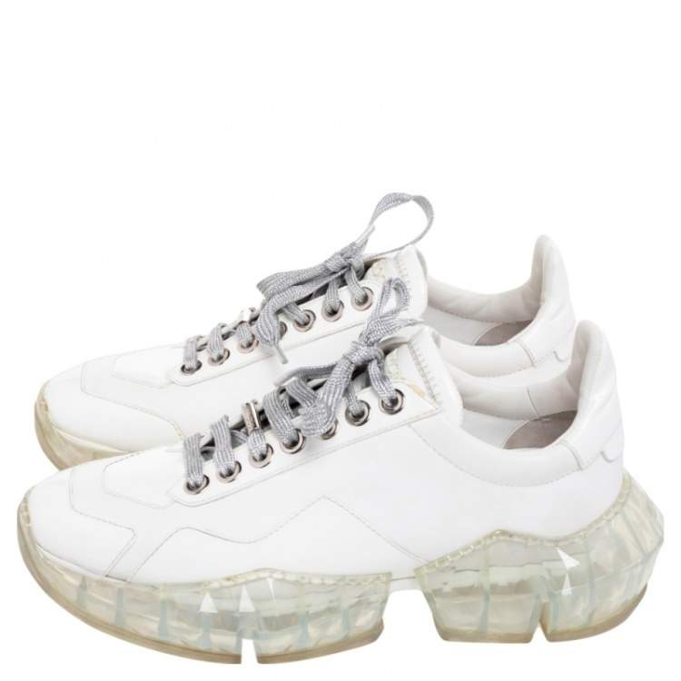 Pre Owned Jimmy Choo White Leather and Patent Leather Diamond Low Top Sneakers Size 39