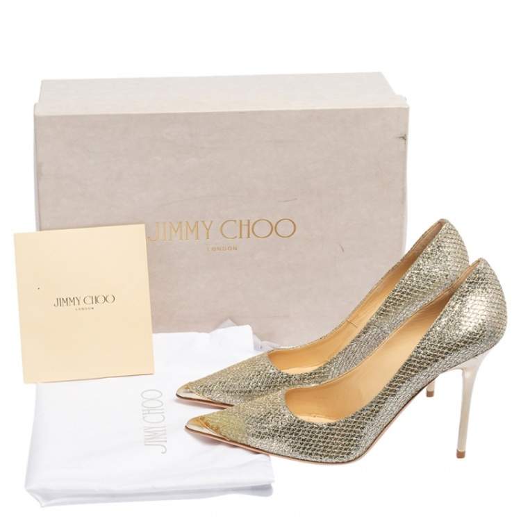 Pre Owned Jimmy Choo Gold Glitter and Fabric Romy Pointed Toe Pumps Size 36.5