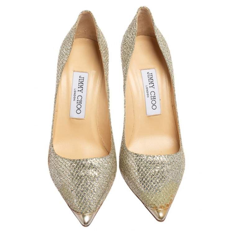 Pre Owned Jimmy Choo Gold Glitter and Fabric Romy Pointed Toe Pumps Size 36.5