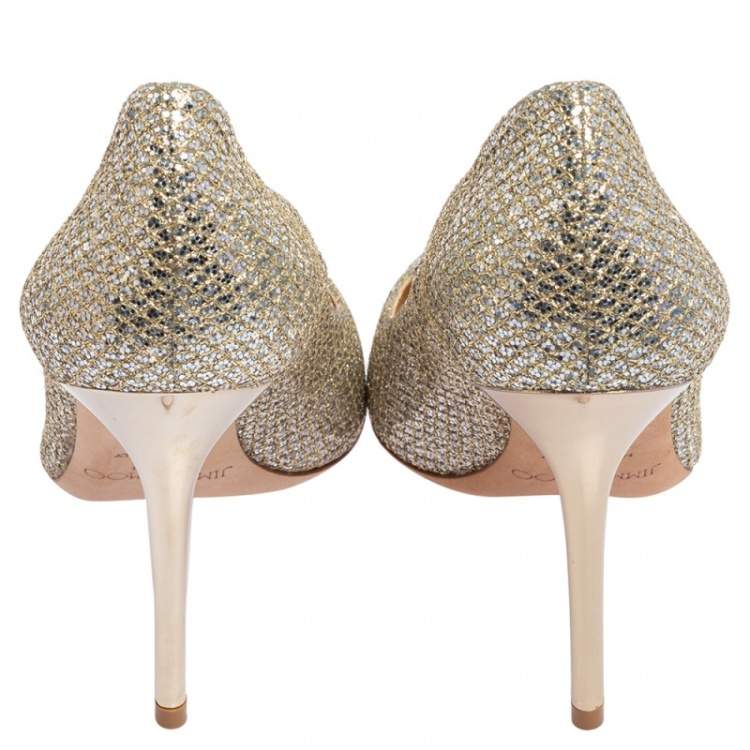 Pre Owned Jimmy Choo Gold Glitter and Fabric Romy Pointed Toe Pumps Size 36.5
