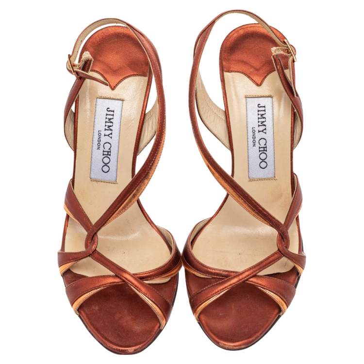 Pre Owned Jimmy Choo Metallic Bronze Leather Strappy Slingback Sandals Size 37.5
