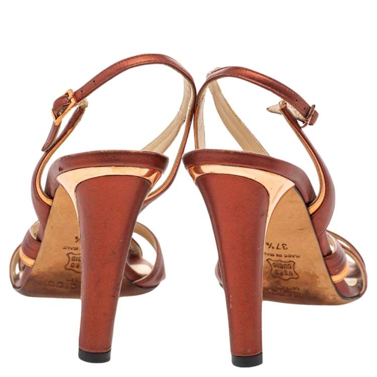 Pre Owned Jimmy Choo Metallic Bronze Leather Strappy Slingback Sandals Size 37.5