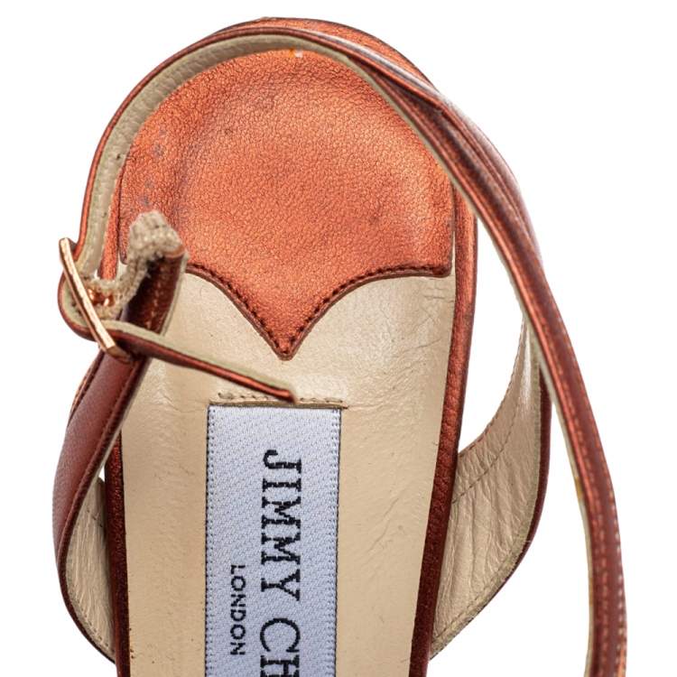 Pre Owned Jimmy Choo Metallic Bronze Leather Strappy Slingback Sandals Size 37.5