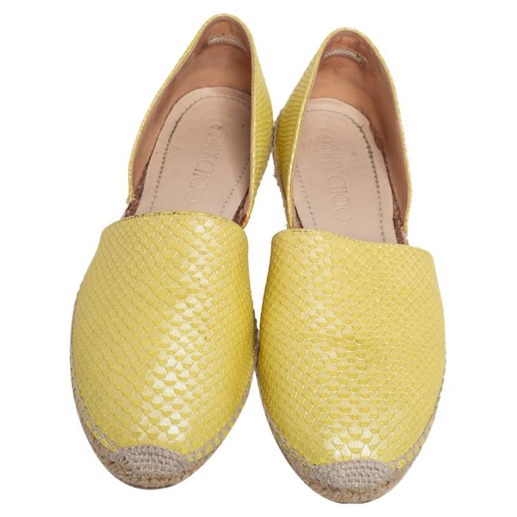Pre Owned Jimmy Choo Yellow Snakeskin Embossed Leather Dreya D'orsay Flat Espadrilles Size 39
