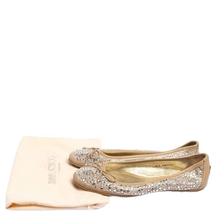 Pre Owned Jimmy Choo Beige Crystal Embellished Suede Weber Ballet Flats Size 36.5