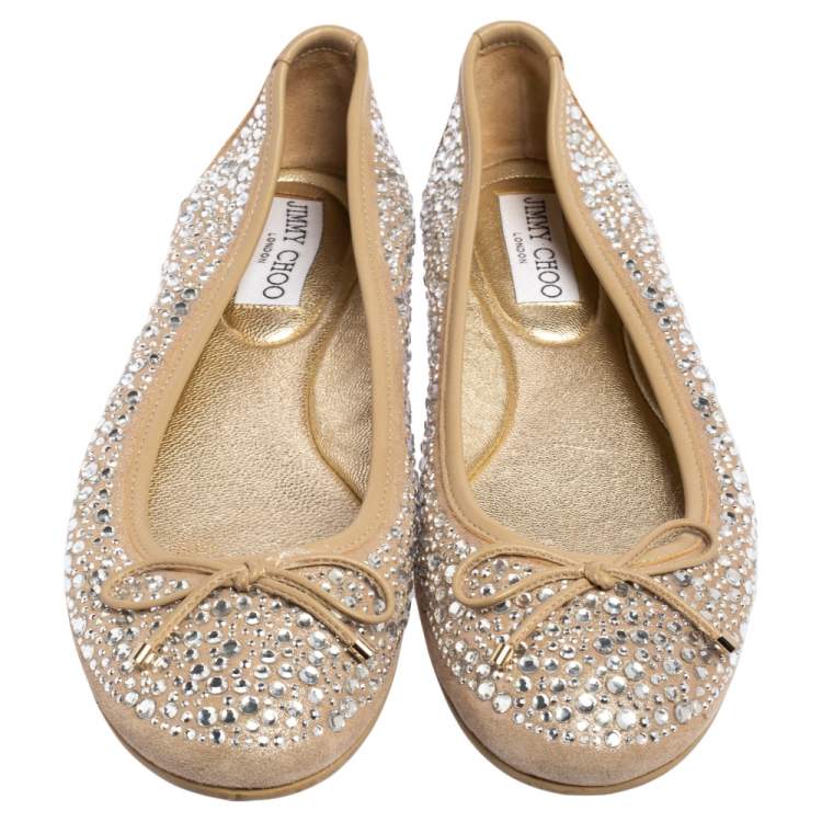 Pre Owned Jimmy Choo Beige Crystal Embellished Suede Weber Ballet Flats Size 36.5