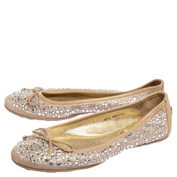 Pre Owned Jimmy Choo Beige Crystal Embellished Suede Weber Ballet Flats Size 36.5