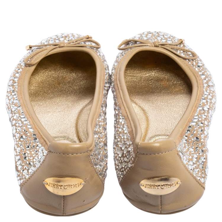 Pre Owned Jimmy Choo Beige Crystal Embellished Suede Weber Ballet Flats Size 36.5