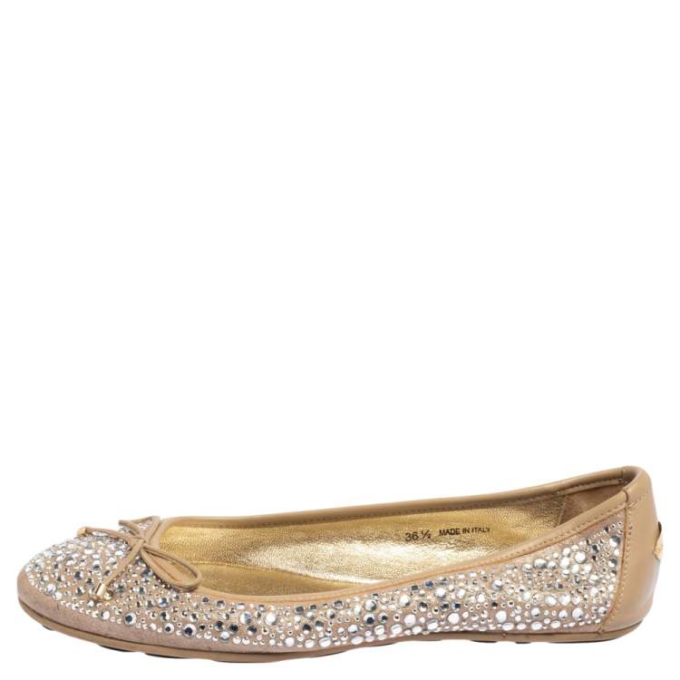 Pre Owned Jimmy Choo Beige Crystal Embellished Suede Weber Ballet Flats Size 36.5