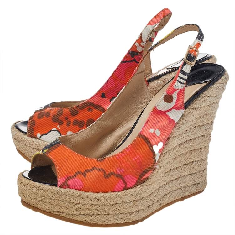 Pre Owned Jimmy Choo Multicolor Canvas Espadrille Wedge Slingback Sandals Size 37