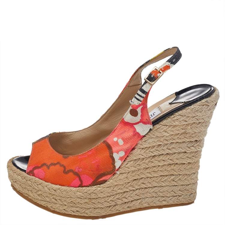 Pre Owned Jimmy Choo Multicolor Canvas Espadrille Wedge Slingback Sandals Size 37