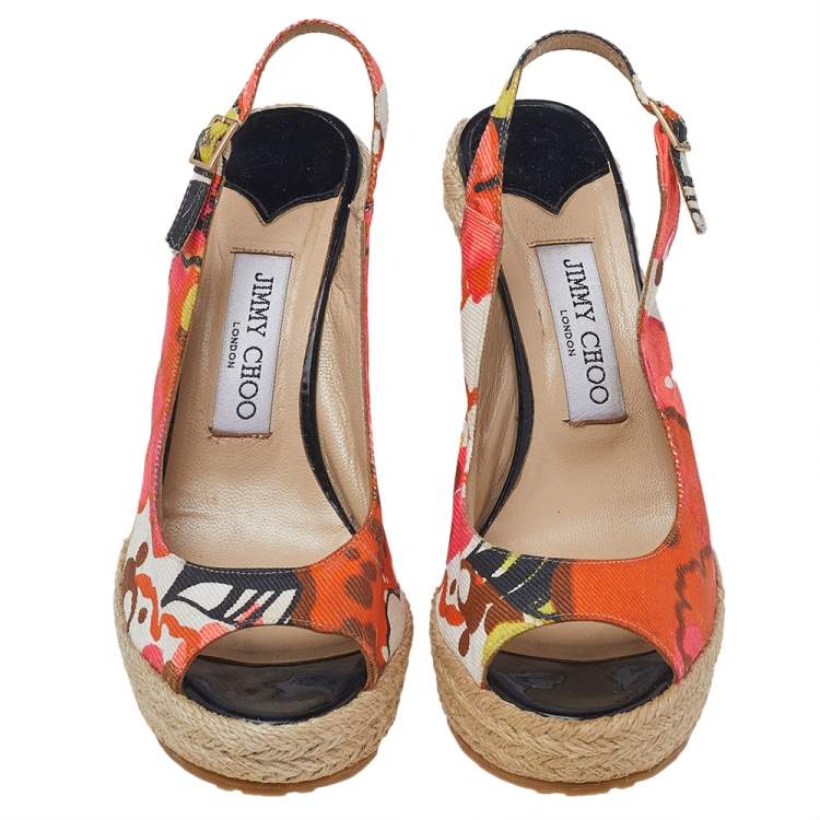 Pre Owned Jimmy Choo Multicolor Canvas Espadrille Wedge Slingback Sandals Size 37