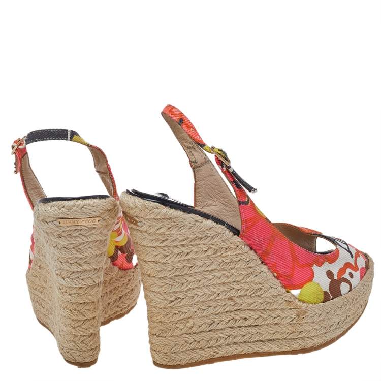 Pre Owned Jimmy Choo Multicolor Canvas Espadrille Wedge Slingback Sandals Size 37