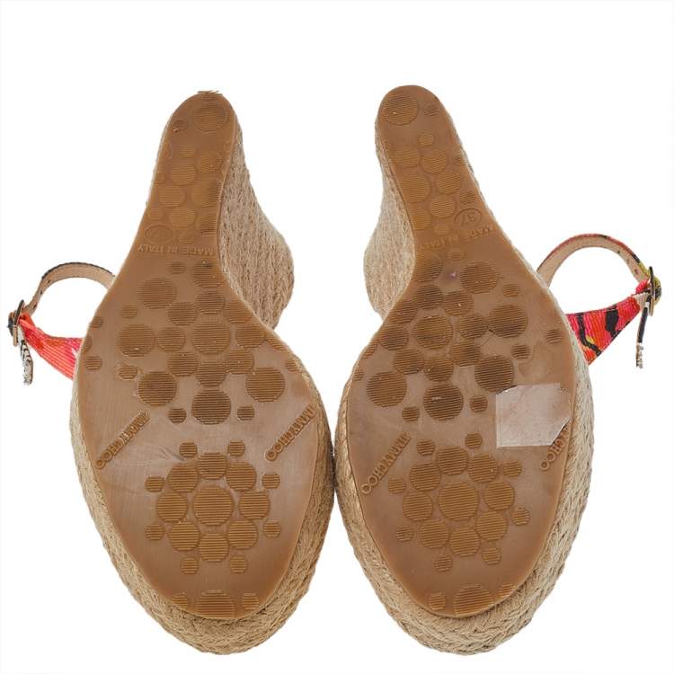 Pre Owned Jimmy Choo Multicolor Canvas Espadrille Wedge Slingback Sandals Size 37