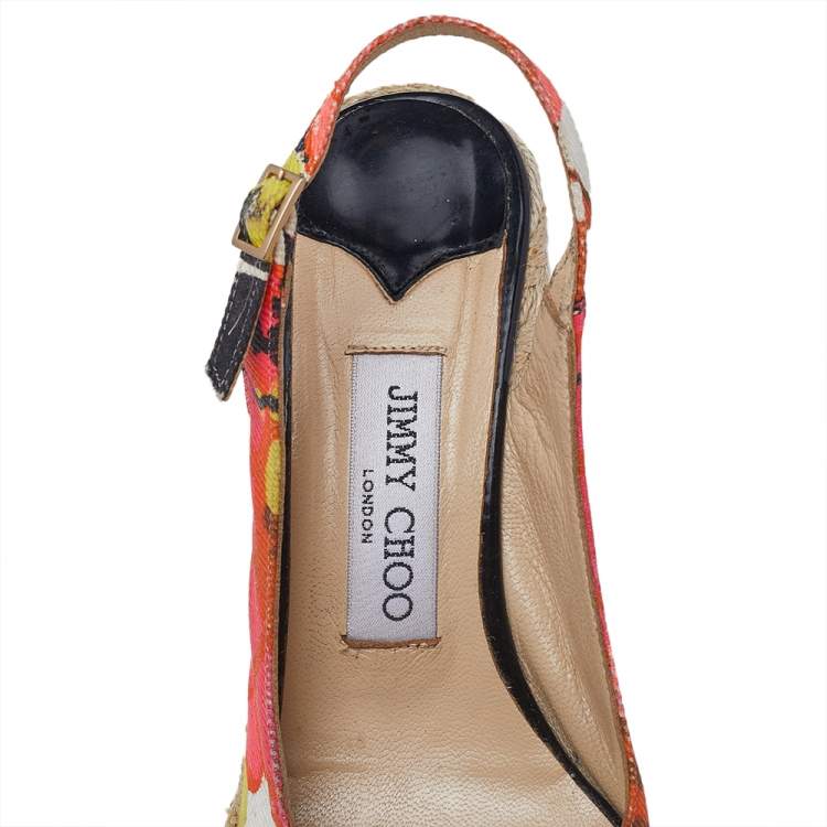 Pre Owned Jimmy Choo Multicolor Canvas Espadrille Wedge Slingback Sandals Size 37