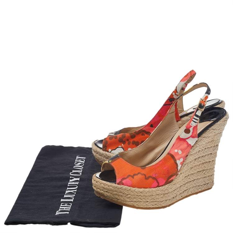 Pre Owned Jimmy Choo Multicolor Canvas Espadrille Wedge Slingback Sandals Size 37